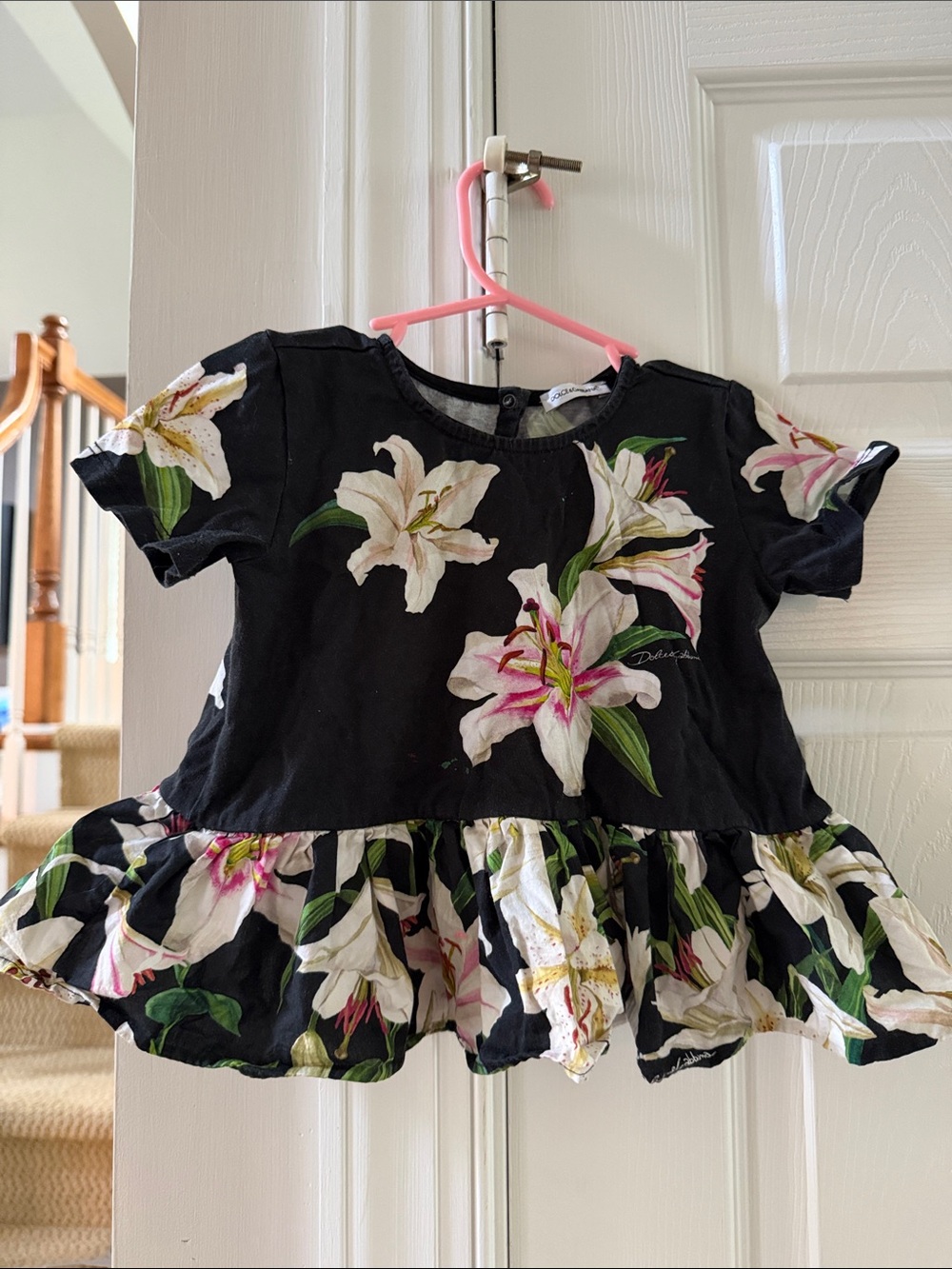 DOLCE AND GABBANA Girls Black Floral Ruffle Peplum Top - White & Pink Lily Print